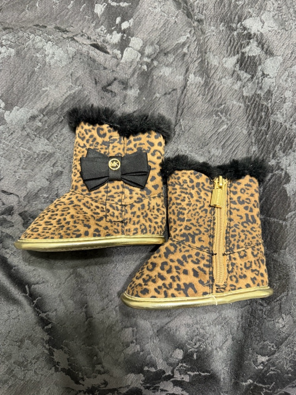 Michael Kors Leopard Print Fur Trim Baby Boots - Black and Brown